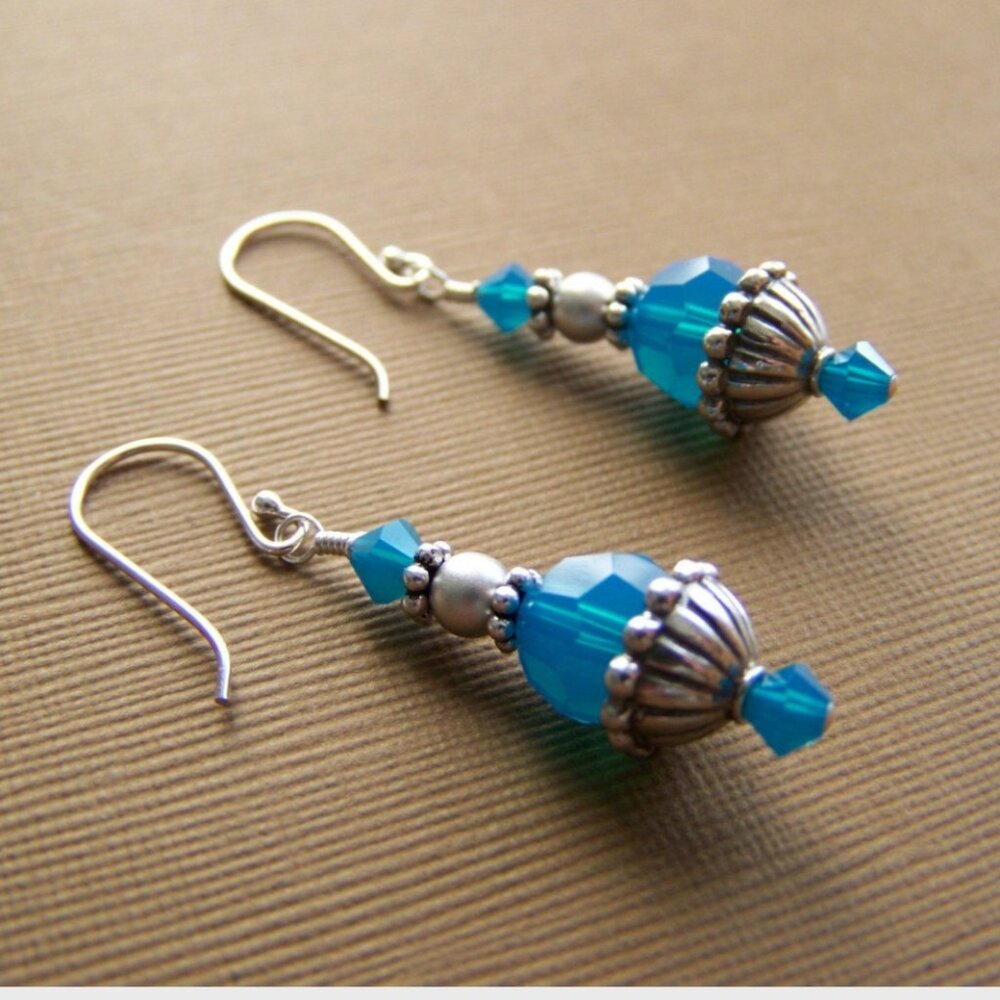 OOAK NEW Sterling Caribbean Blue Crystal Earrings - Picture 1 of 5